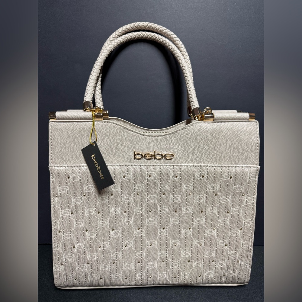 NWT Bebe Cream Studded Textured Tote Bag with Hand Straps and Shoulder Strap